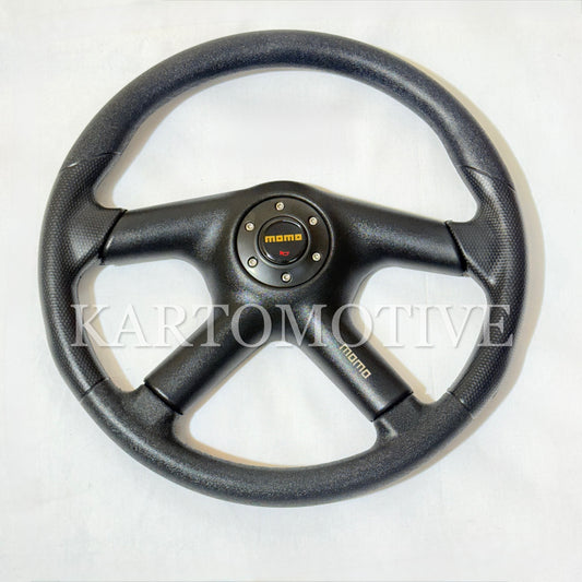 MOMO 4-Spoke Racing Steering Wheel – Black Leather Sport Grip Universal Fit