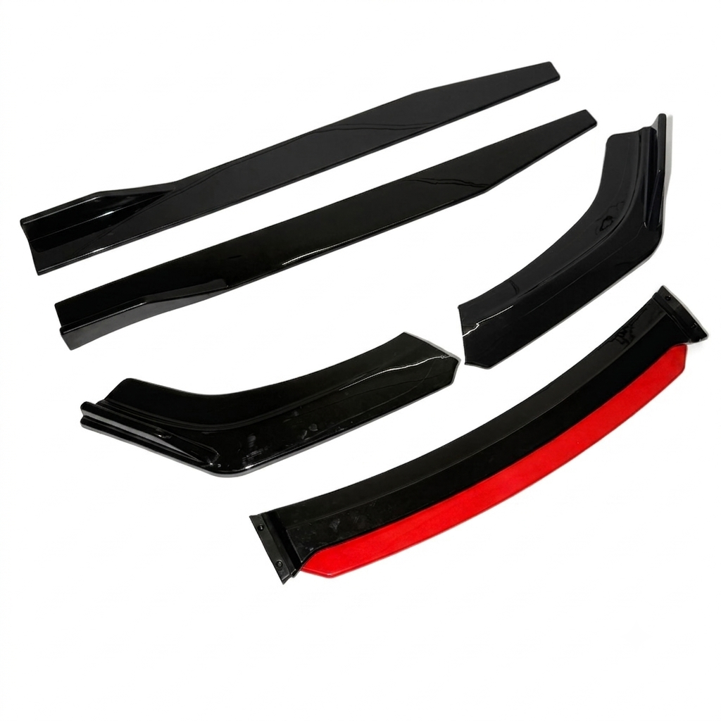 universal 5 piece splitter kit carbon finish
front splitter and side skirts kit
carbon fiber body kit for cars
universal front lip splitter kit
aerodynamic side skirt extensions